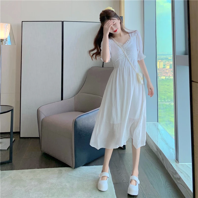 

Новое летнее женское платье с рюшами, винтажное платье с коротким рукавом и v-образным вырезом, элегантные женские вечерние платья в Корейск...
