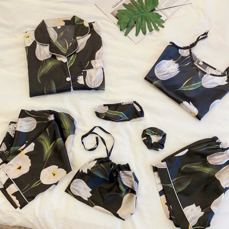 

Womens Pajamas Long Sleeve Sleepwear Simulated Silk Stripe Seven-Piece Loungewear Home Apparel