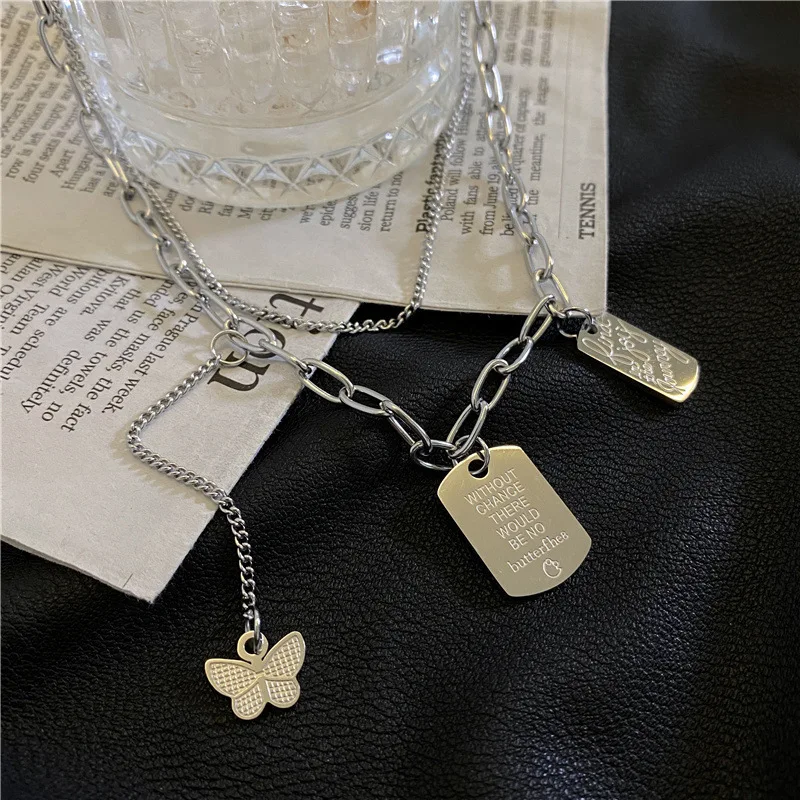 

POTCET Unisex Stainless Steel Double Butterfly Square Brand Titanium Steel Necklace Pendant Fashion Hip Hop Party Jewelry