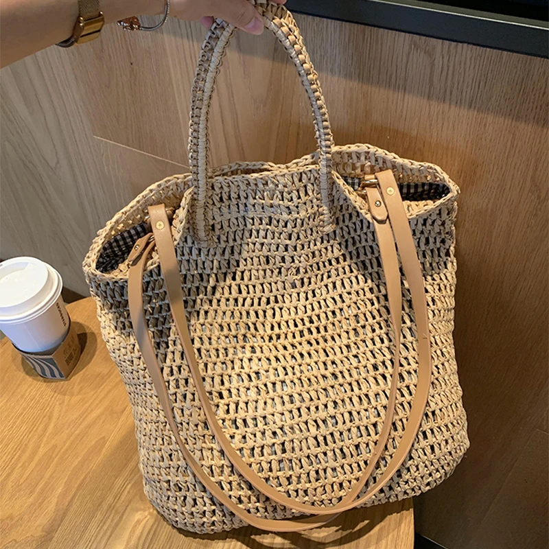

Casual Straw Women Shoulder Bags Wicker Woven Handbags Rattan Summer Beach Bag Large Capacity Tote Lady Big Bali Purses 2021
