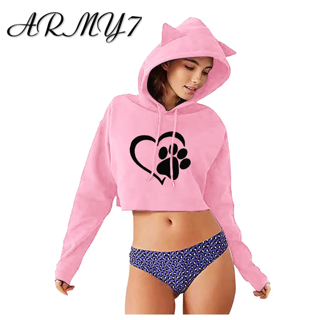 Pink Милые свитшоты с кошачьими ушками женские короткие толстовки sudadera осенние женские пушистые шляпы с капюшоном пуловер Черный Белый kpop - Цвет: Pink