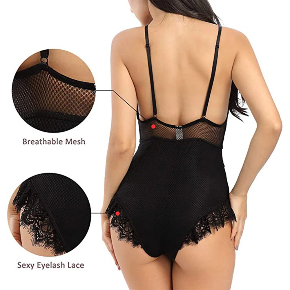 

Woman Black Sexy Lace Bodysuit Female Solid Color Sleeveless Gather Bra Tops Romper Ladies Mesh Hollow Out Bodycon Jumpsuit S-L