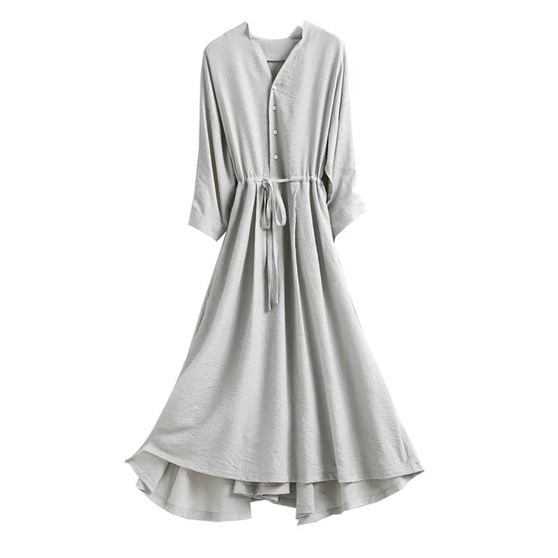 

Women's Autumn Dress Female Waisted V-neck Spring Plus-size Mid-calf Dress 8-5