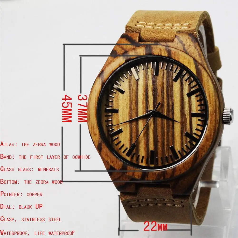 Мужские кварцевые часы с рисунком зебры Деревянный чехол Япония MOVT|Женские