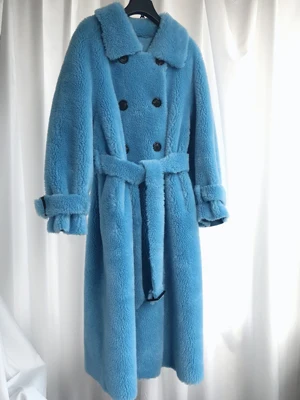 blue Новое пальто для стрижки настоящей Овцы Женская шерстяная куртка пальто из натурального меха с меховым поясом размера плюс 100 см длиннее F1099 - Цвет: blue