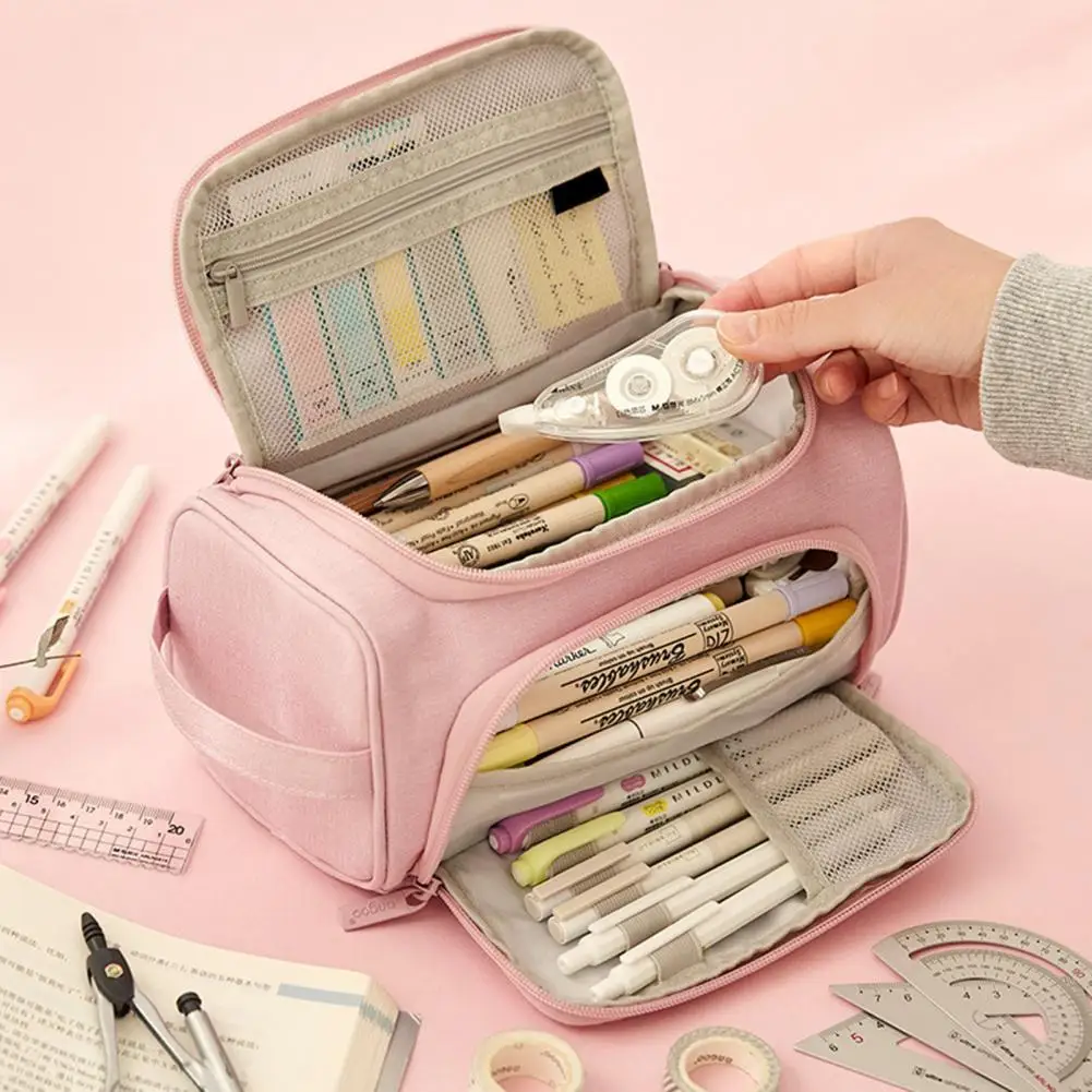

2021 New Large-Capacity Pen Bag Simple Canvas Double Open Pocket Stationery Box Portable Pencil Case Girl Stationery Storage Box
