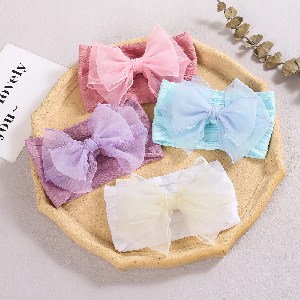 

20Pcs/Lot, Children 5Inch New Lace Hair Bow on Wide Nylon Headband Knotted Bows Turban Headwraps,Baby Girls Photo Props Headwear