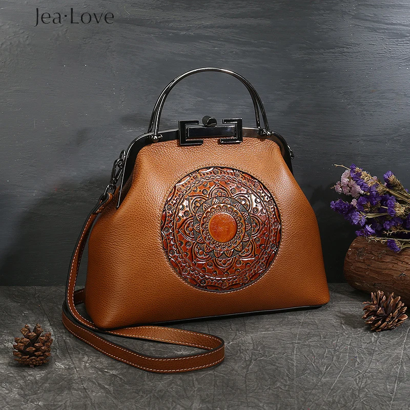 

Jea Love Women's Handbag Retro Totem Embossed Lock Buckle Shoulder Bag Head Layer Cowhide Leather Dumpling Bag Diagonal Bag