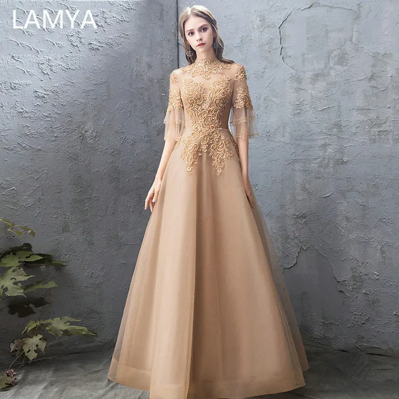 

LAMYA High Neck With Half Sleeve Evening Dresses Beading Bling Formal Gown Gold Appliques Customized Ruched Robe De Soiree