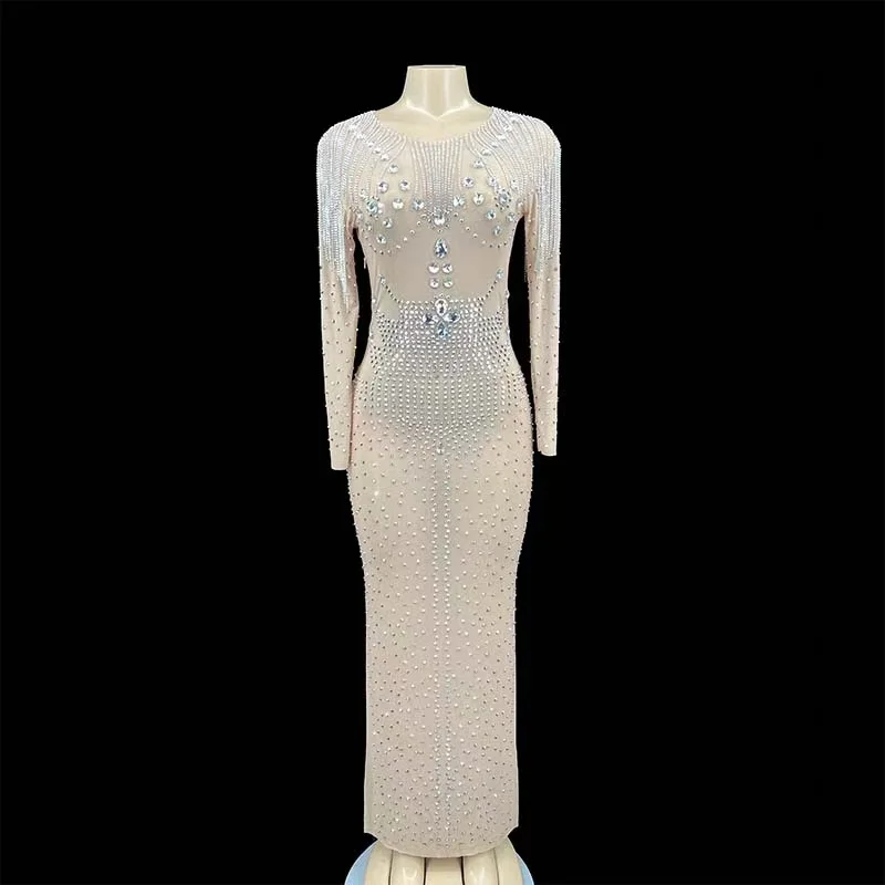 

New Sparkly Rhinestones Fringes See Through Long Dress Women Sexy Evening Birthday Celebrate Party Dress Singer Show Stage Wear