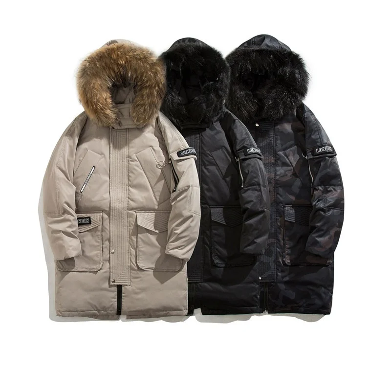 

Зимняя мужская пуховая куртка, Толстая теплая длинная парка с наполнителем из белого утиного пуха, ветрозащитное пальто с большим мехом