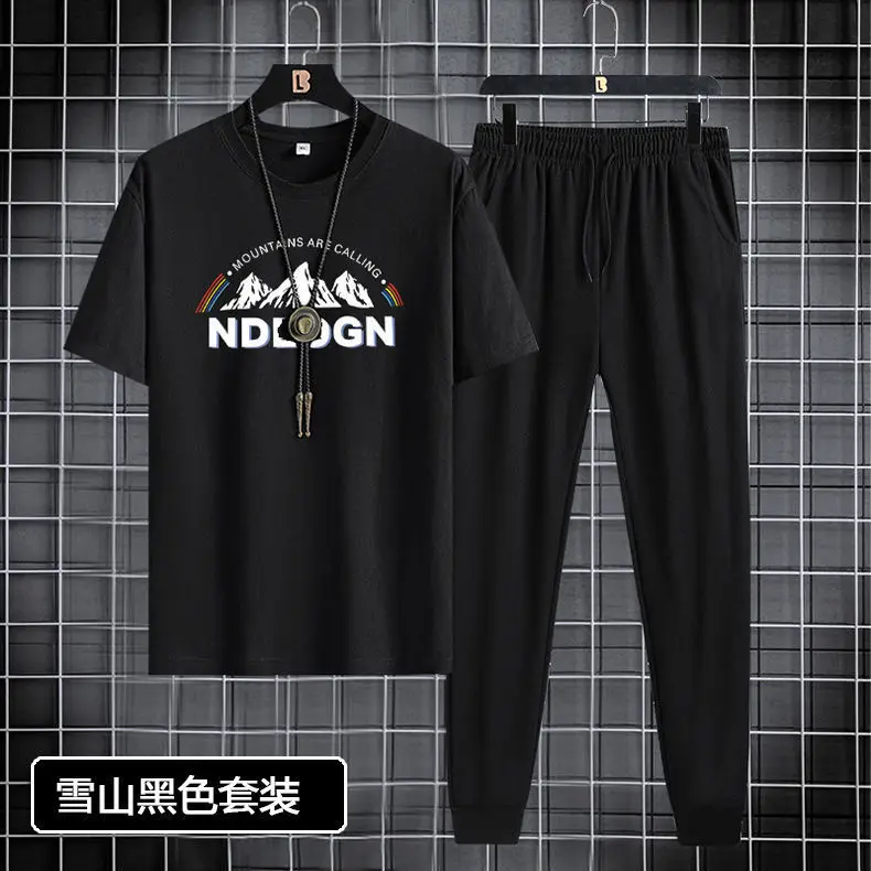 

2021 Summer New Short-sleeved Oversized Print T Shirt and Trousers Set Men's Women's Sports Casual Round-neck Two-piece Set