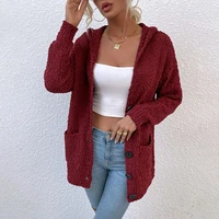 fashion womens sweater hot sale hooded collar single breasted cardigan pure color toothbrush velvet knitted sweater