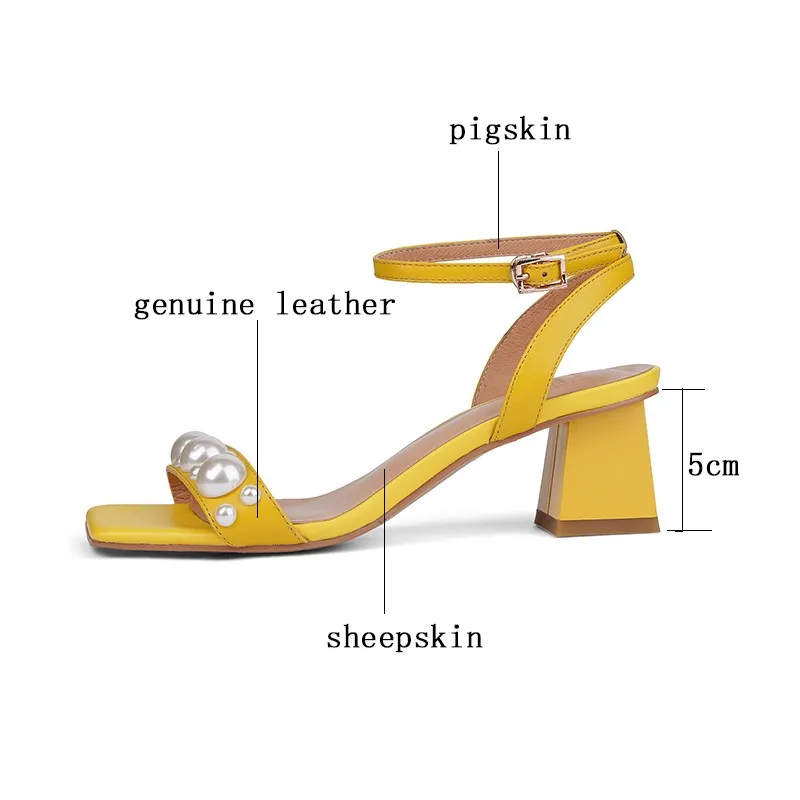 

Classics Yellow Beige Summer Women Sandals Open Toe Natural Leather Pearls Ankle Strap Square High Heels Ladies Party Shoes New