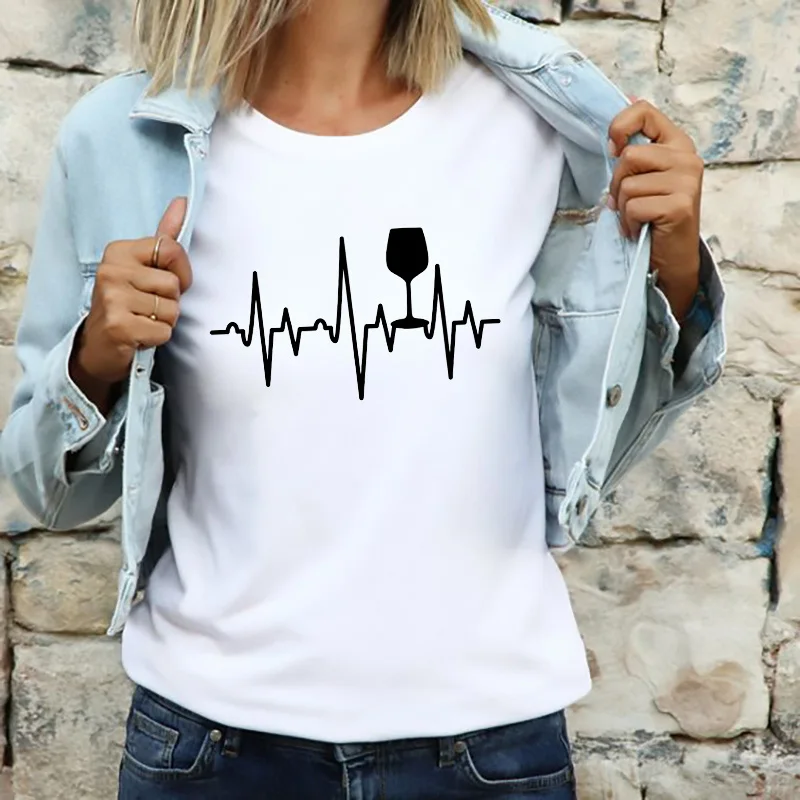 

Women T-shirts Fashion Cartoon Wine Glass Electrocardiogram Pattern Graphic T Shirt Simple Casual O-neck Short Sleeve Lady Tee