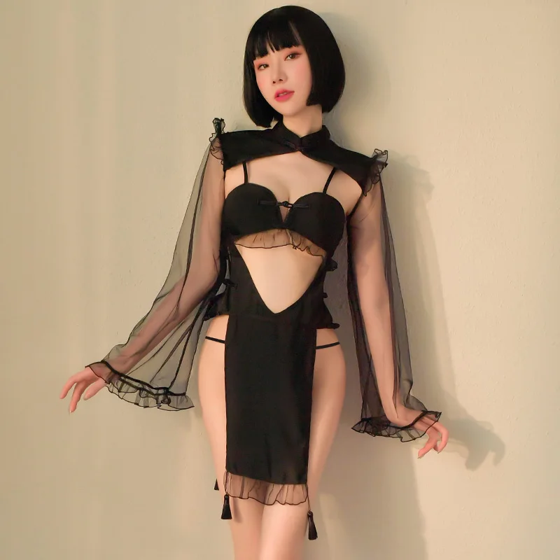 

Halloween Punk Gothic Black Red Lace Sexy Lingerie for Women Maid Temptation Evil Demon Cosplay Backless Dress Costumes