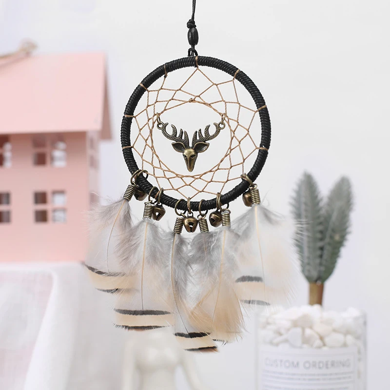 

Indian Feather Dream Catcher Alloy Deer Small Bells Decorated Woven Mesh Hanging Wind Chime Pendant Car Home Decor or As Gift