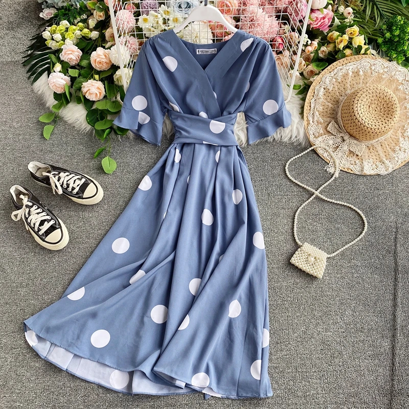 

2021 Summer Polka Dot Dress Short Sleeve Summer V neck Dress Woman Sexy Beach Party Dresses For Women Chiffon Elegant Clothes