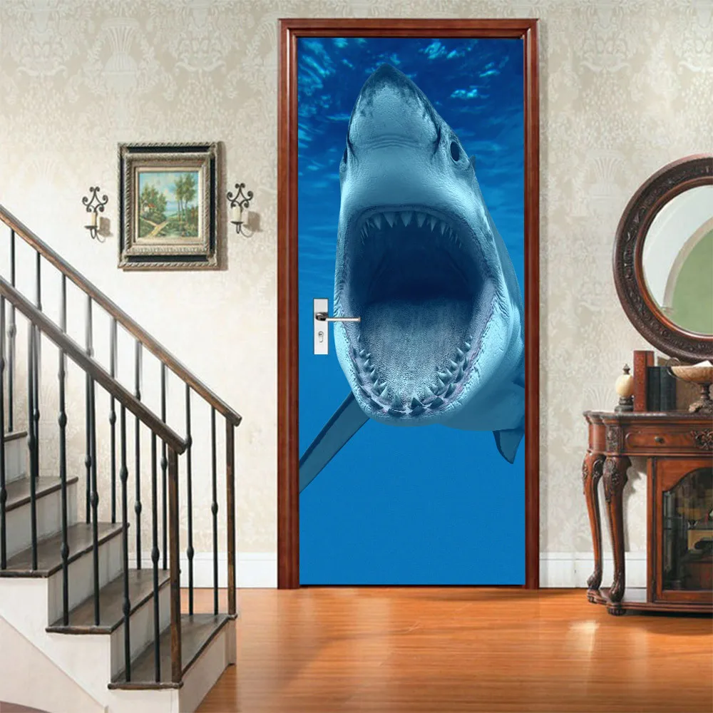 

Creative eco-friendly 3D shark door paste refurbished self-adhesive bedroom wall stickers