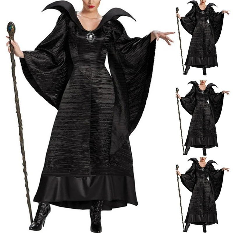 

Black Friday Women Halloween Movie Black Long Gown Evil Queen Witch Dress Cosplay Horn Hat