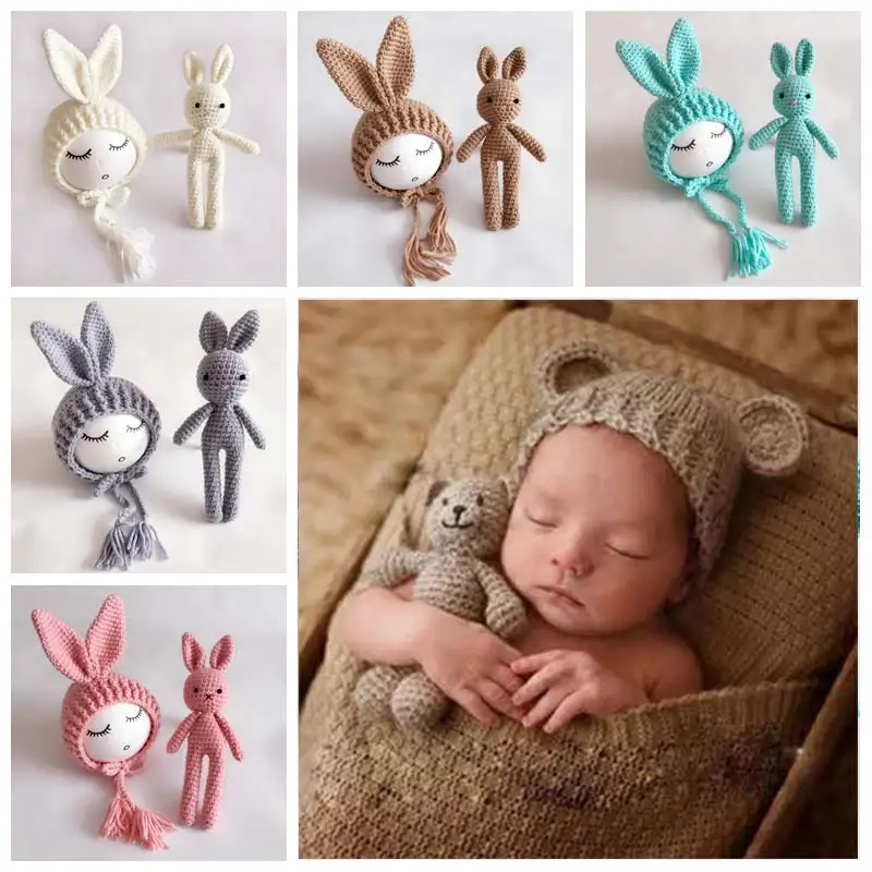 

Knit Hat Wool Bunny Doll Long Ear Cap For Newborn Photography Props Girl Photo Shoot Accessories Fotografia Bonnet Photoshoot