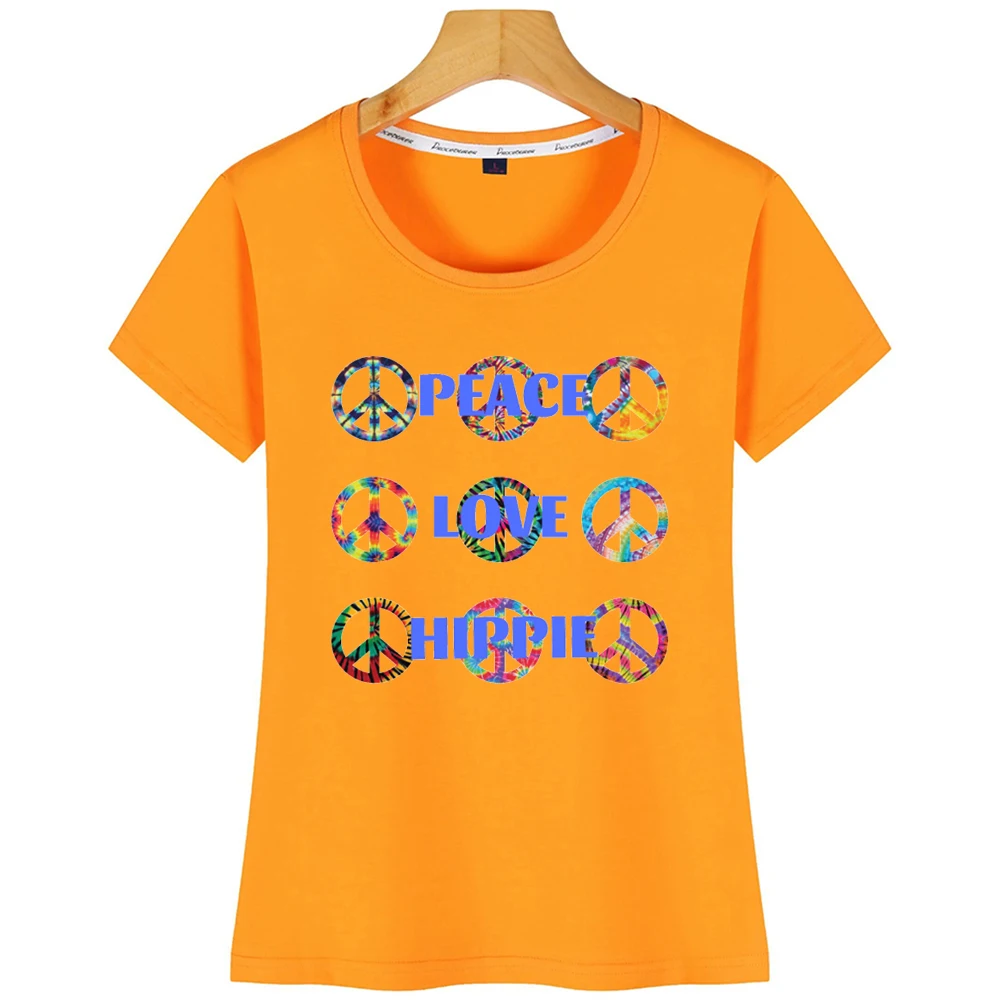 Топы Футболка женская Peace Love Hippie знаки модные надписи короткая футболка | Женская