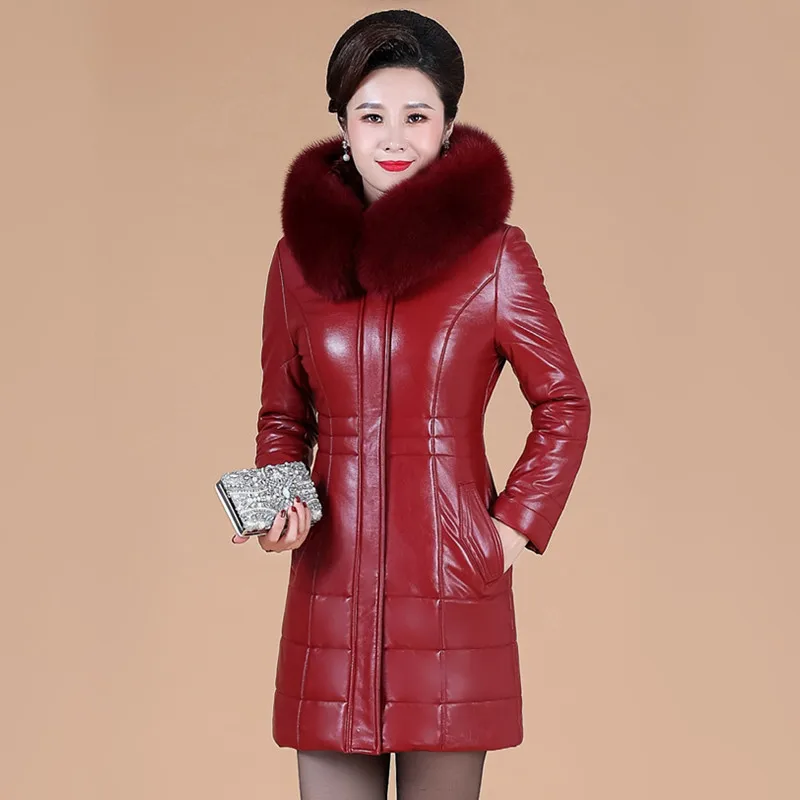 L-8XL Women Long Leather Coat Winter 2023 Mother Sheepskin Outerwear Thicken Warm Camel Overcoat Fur Collar Hooded Jacket Female