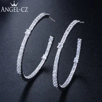 angelcz designer micro pave double side cubic zirconia silvery pins circle loop jewelry women large round hoop earrings ae230