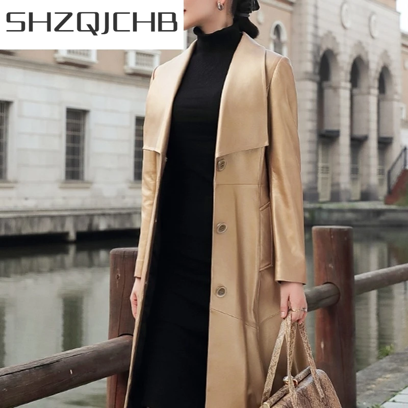

JCHB 2021 Natural Sheepskin Jackets Womens Long Sashes Slim Pockets Single Breasted Turn-Down Collar Vintage Genuine Leather Tre