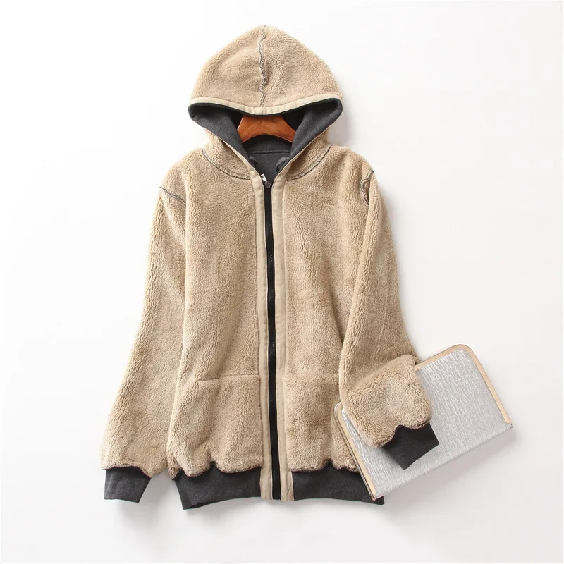 Женское бархатное пальто с капюшоном из овечьей шерсти на осень и зиму