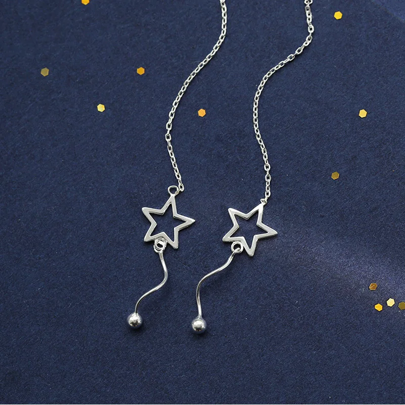 Серебряные длинные висячие серьги с пятиконечными звездами и кисточками