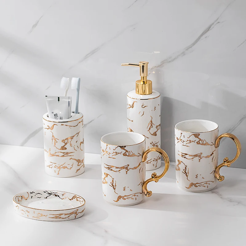 

Nordic Soap Dish Light Luxury Modern Ceramic 5 Piece Mouth Cup Bathroom Salle De Bain Accessoire Washroom Accessories EF50WY