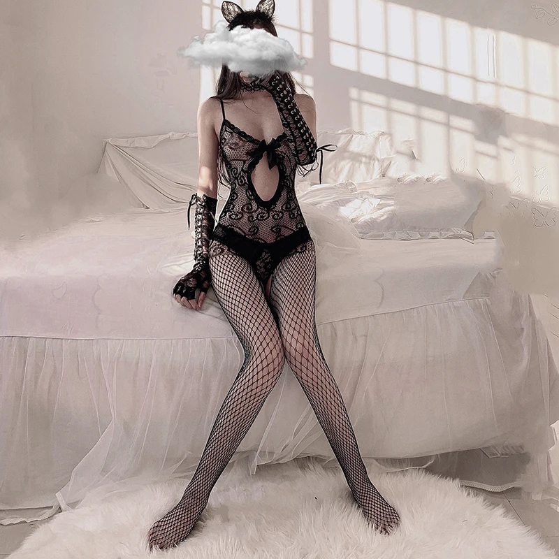 Сексуальное нижнее белье боди горячее эротическое с открытой промежностью чулки