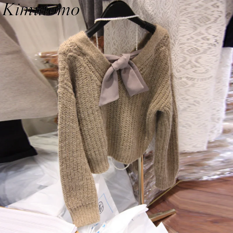 

Женский Повседневный свитер Kimutomo, Осень-зима 2021, новинка, Корейская свободная Двусторонняя одежда с бантом, пуловер с V-образным вырезом, вяз...