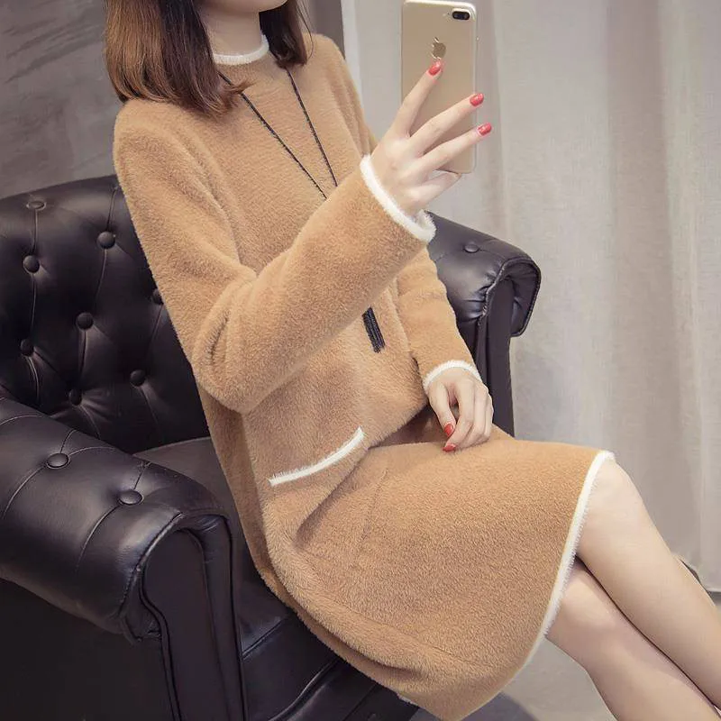 Женский вязаный пуловер свитер платье новая мода имитация воды бархатное