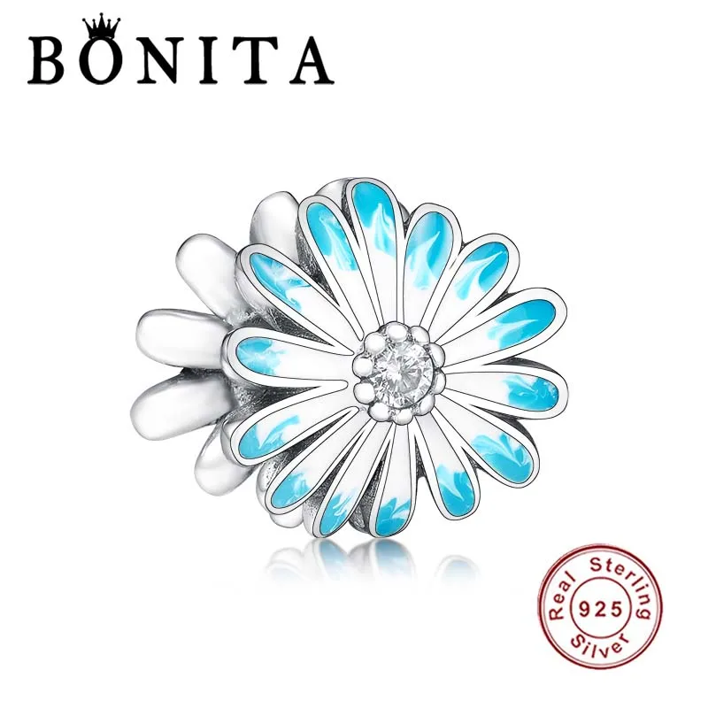 Аутентичные 925 кольцо из стерлингового серебра с голубым цветком ромашки Серьги