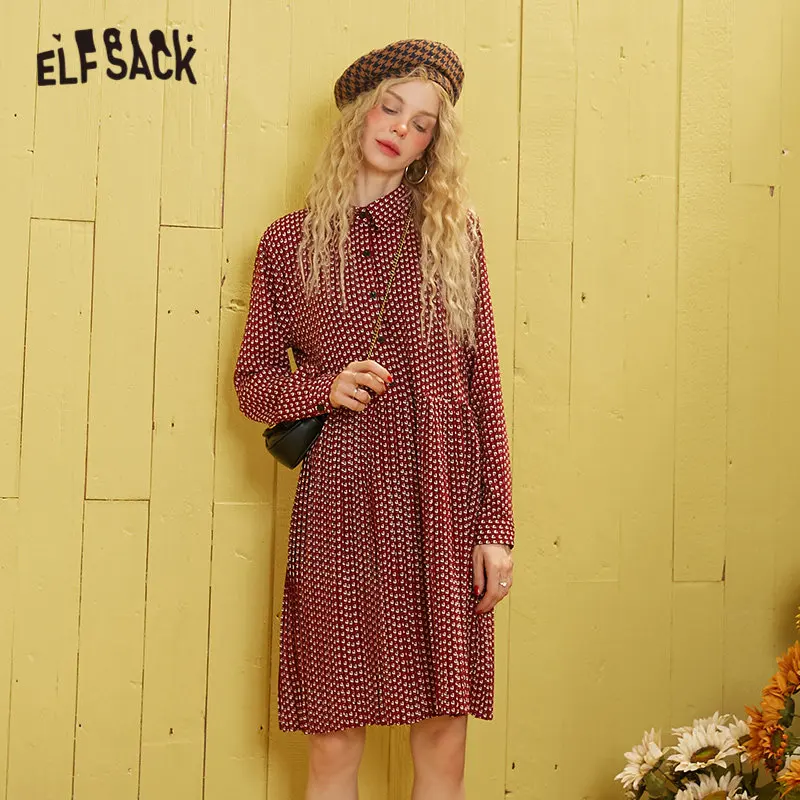 Женское плиссированное платье ELFSACK черное Повседневное средней длины в горошек