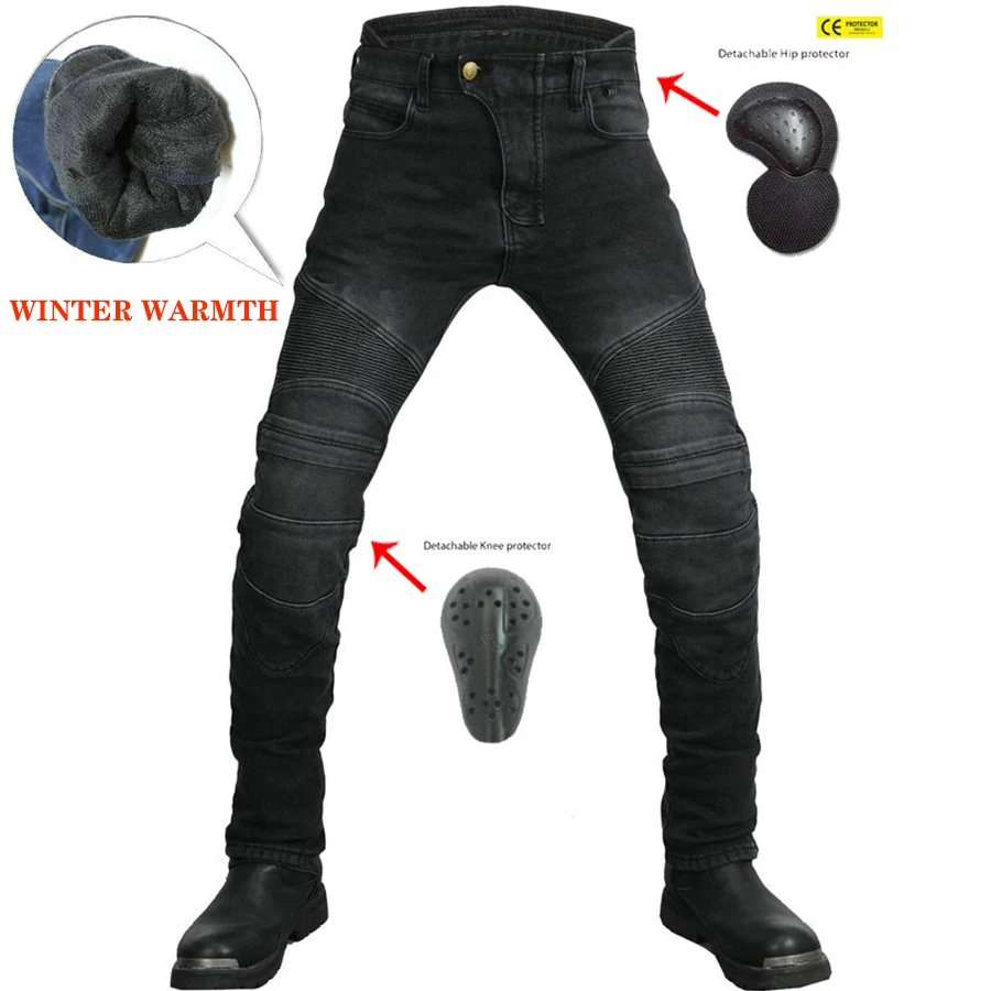 VOLERO 2022 NEW Motorcycle Winter High Waist Jeans Outdoor Riding Fleece Knee Pads and Hip Pads Protector Moto Protect Jeans