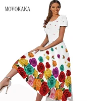 movokaka 2022 spring summer dress women party short sleeved loose beach casual holiday rose print dress white long dress elegant