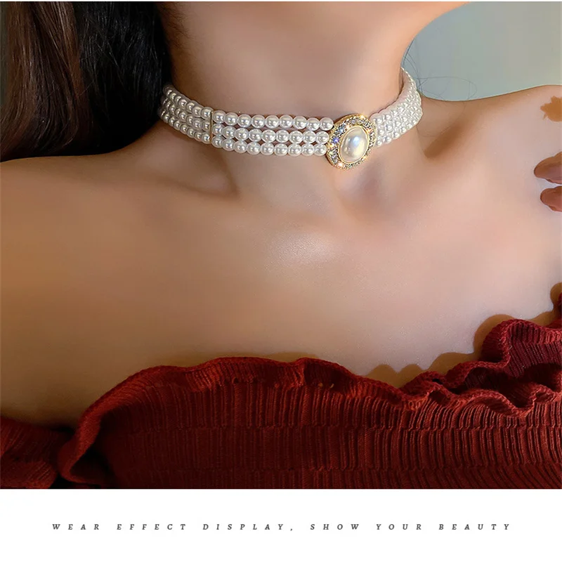 

Multi-layer pearl diamond necklace collar collar collarbone chain design sense web celebrity water diamond necklace necklace col