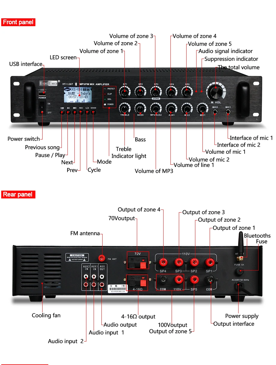 Oupushi HT-3.6AT 5 Зон Микшер контроль PA система Bluetooth усилитель с FM 2 микрофонный вход и USB вход