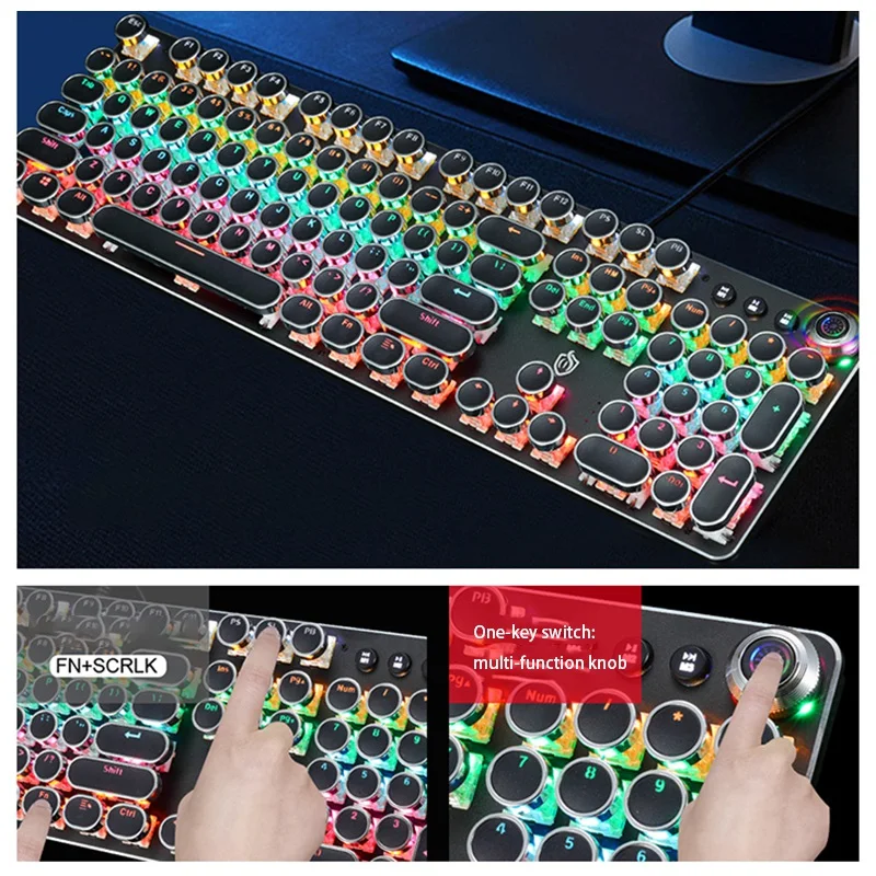 

Gaming Mechanical Keyboard, Metal Panel,LED Backlit,USB Wired,Typewriter-Style Round Keycaps,for Laptop Desktop PC White