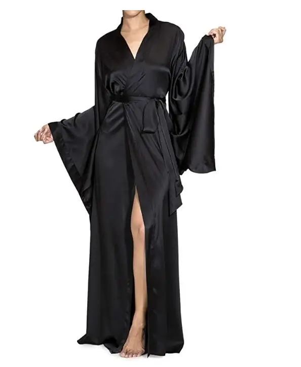 

Solid Robes Women Black Red Long Sleeve Nightgown Ladies Girls Silk Satin Smooth Spring Lace Sleepwear Female Bathrobe