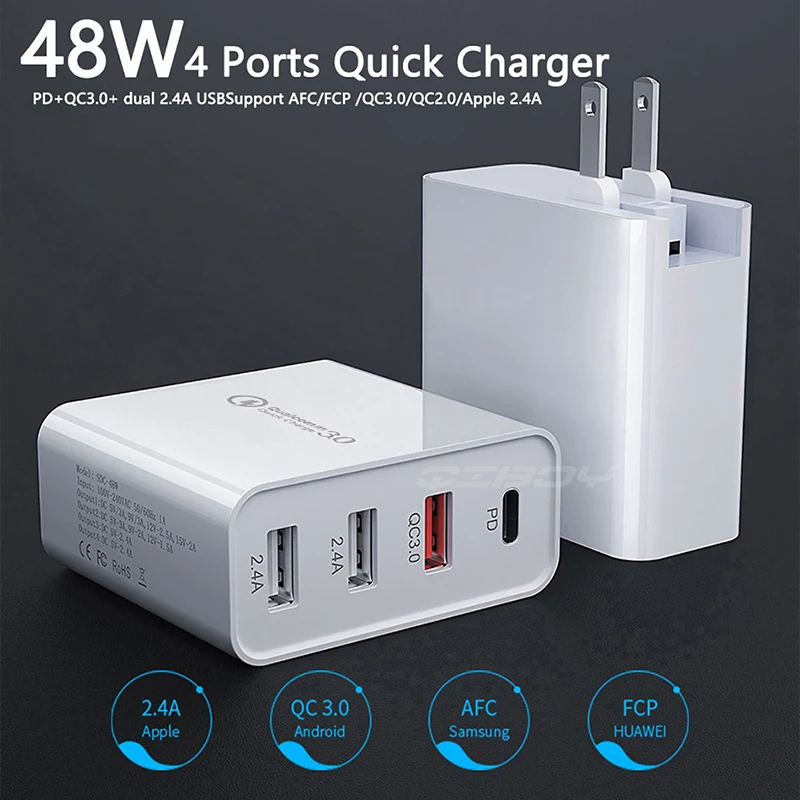 48W быстрое зарядное устройство QC 3 0 USB Type C PD для xiaomi iPhone 10 Samsung A50 4 зарядки порта Power