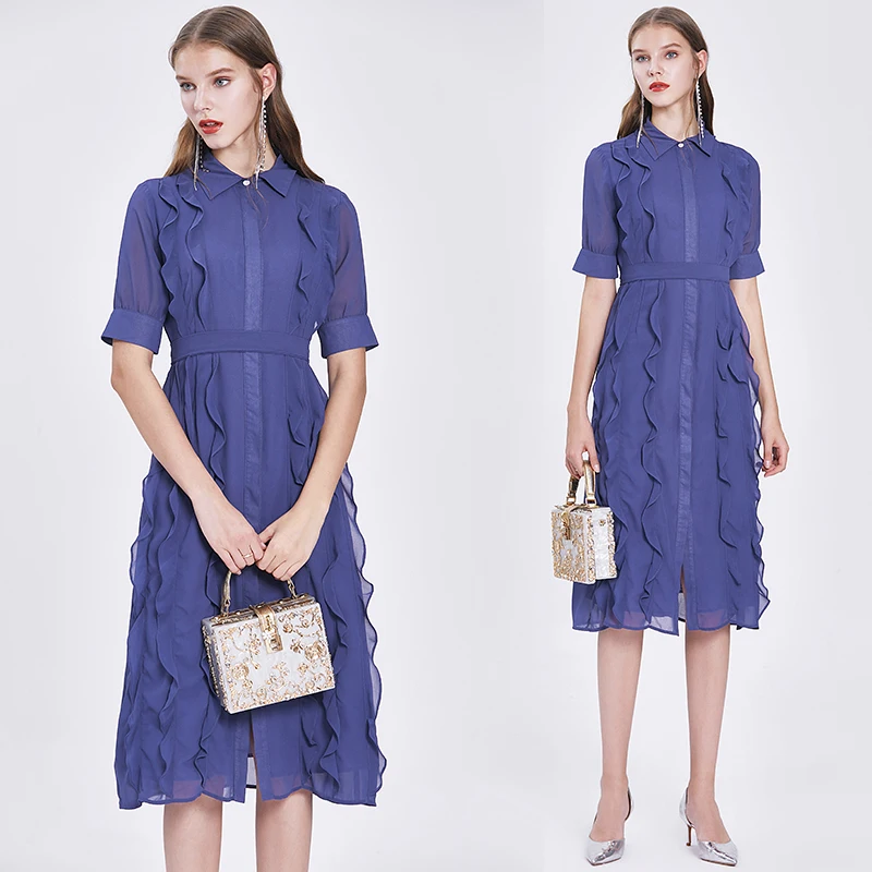 

collar Short Sleeve Belted Slim Shirt Dress 2020 Summer Sweet Ruffles Midi Dress Women Turn-down