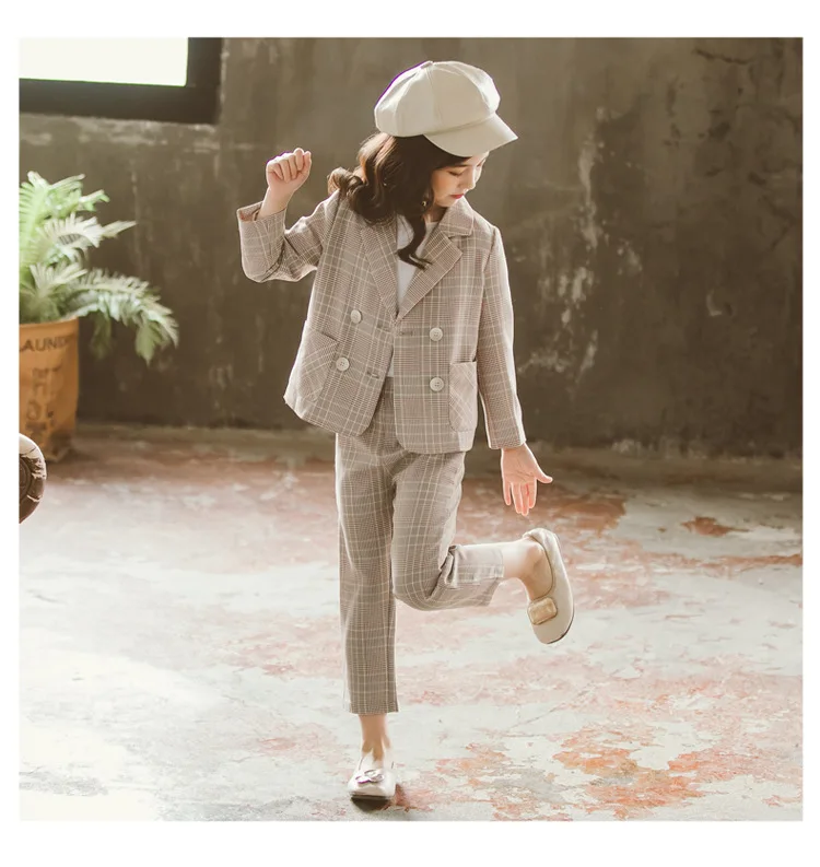 

Spring Autumn Girls Clothing Sets Fashion Plaid 2 Pieces Sets Caot+pants+Skirts Suit School Kids Tracksuit For Girls Clothes