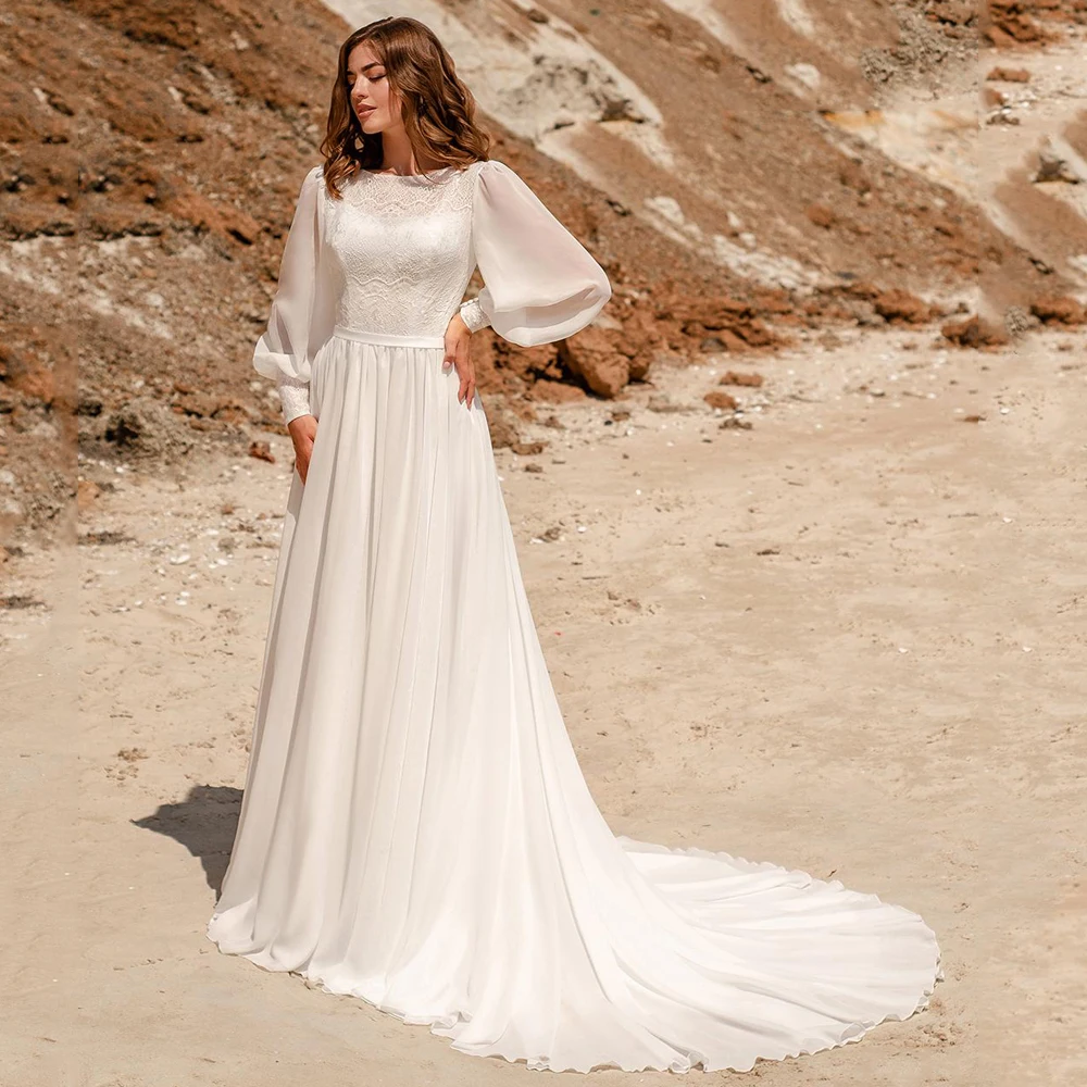 

New Arrival Long Sleeves Lace Boho Wedding Dresses O Neck A Line Summer Chiffon Bridal Gown Sweep Train Bride Dress