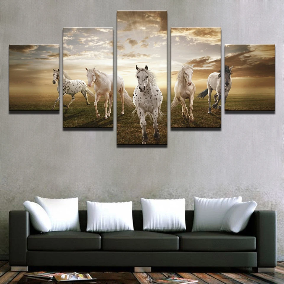 Холст Картины Wall Art рамка Декор в гостиную 5 шт. бег конь фотографии модульный HD с