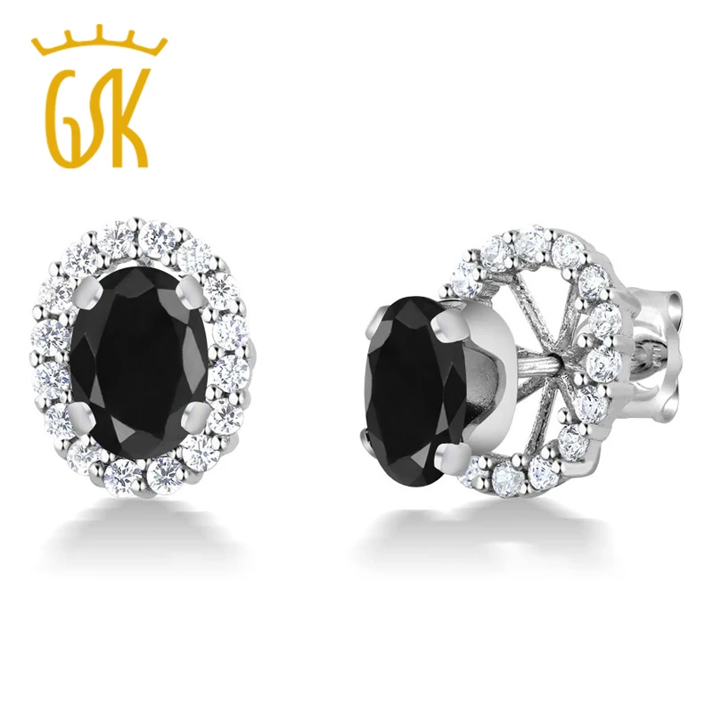 Серьги-пусеты из серебра 925 пробы с черным сапфиром для женщин (2 14 карат овальные