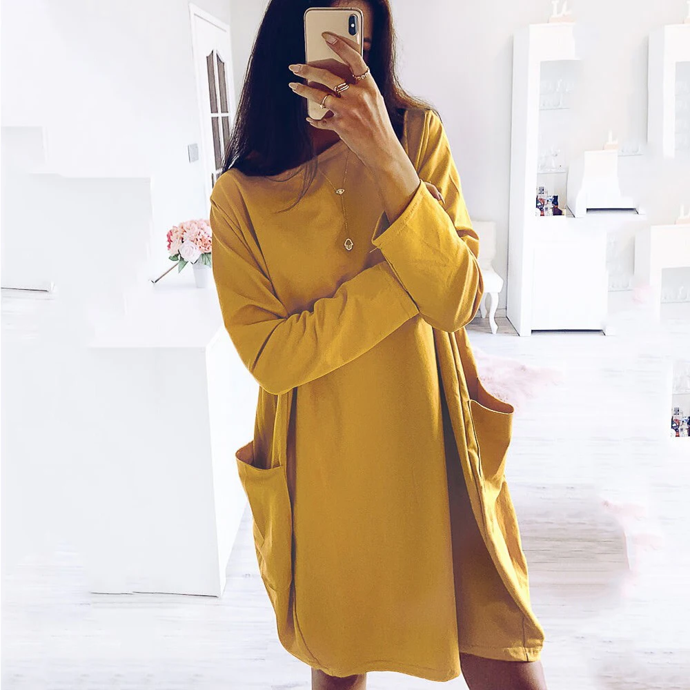 Женское свободное платье с круглым вырезом однотонное Повседневное длинным